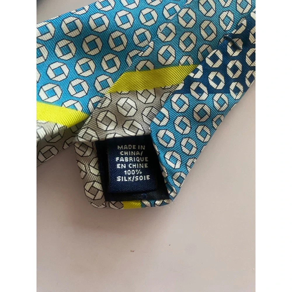 Lands End Outfitters Mens Silk Tie Blue Grey Neon Yellow Geometric Pattern 59in